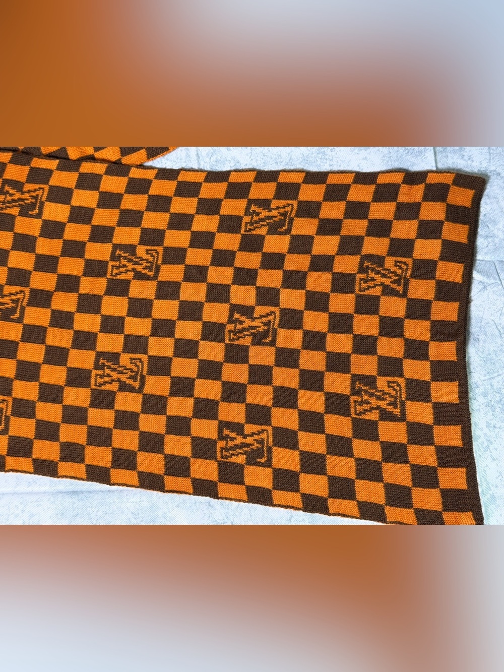 Louis Vuitton orange/brown checkerboard scarf - Picture 3 of 4